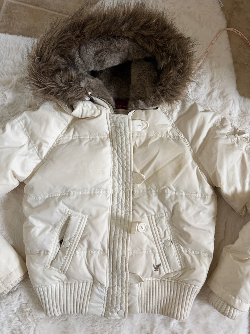 American Eagle Cream Puffer Jacket with Faux-Fur Hood